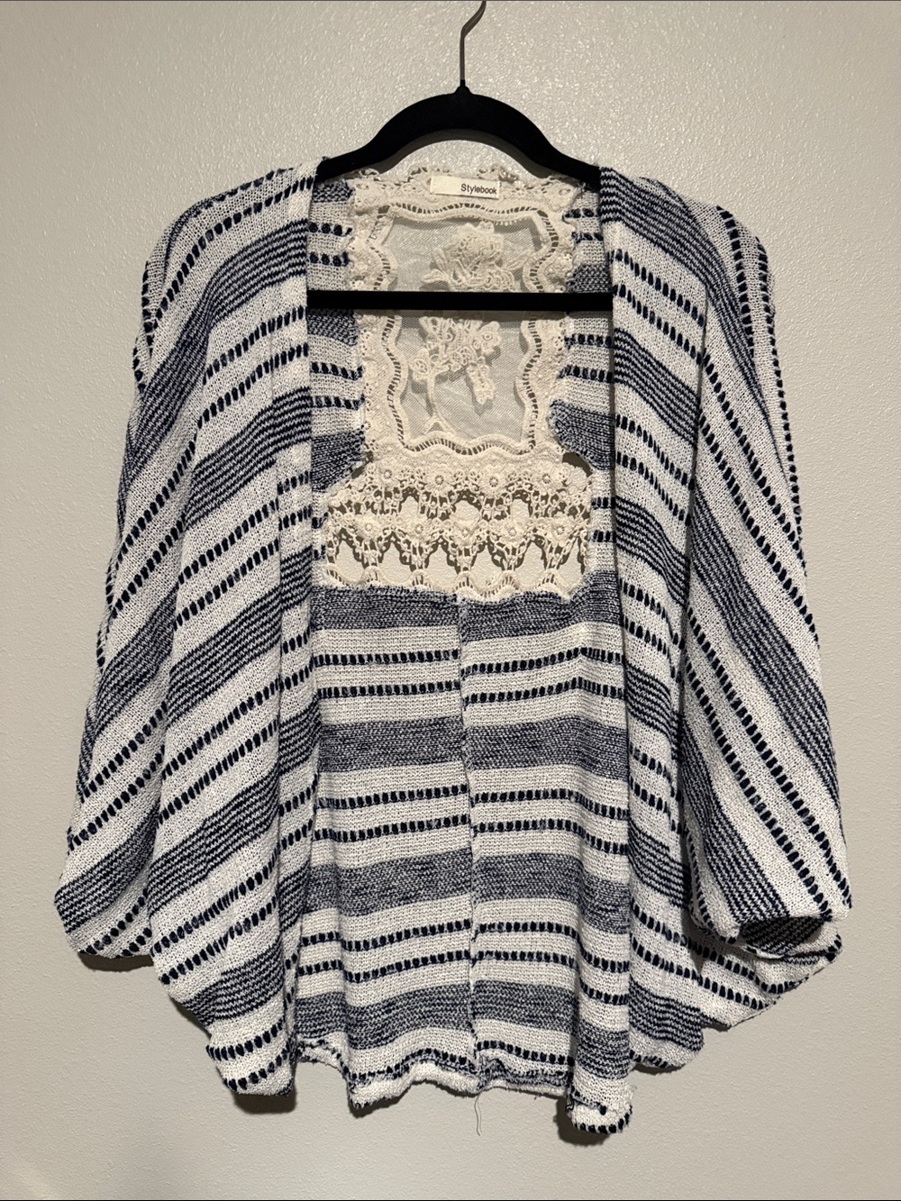 Style&Co Navy and White Striped Open-Front Lace-Back Cardigan